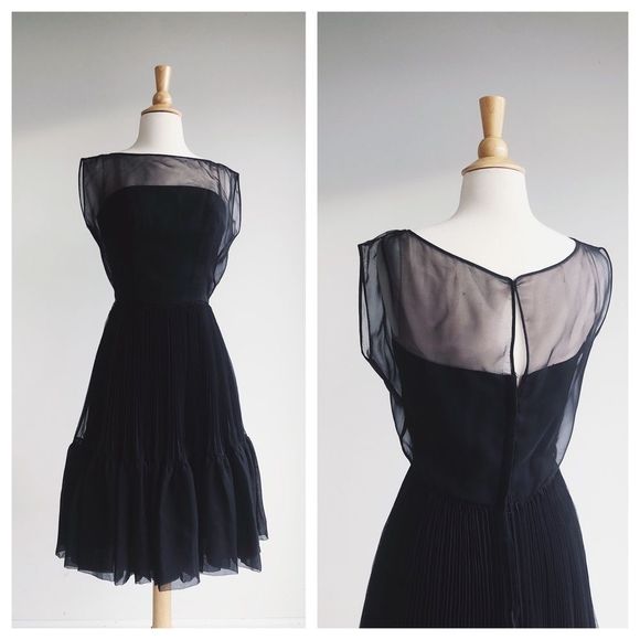 Vintage Dresses & Skirts - 60's VINTAGE | Black Mesh Pleated Chiffon Dress | Best FIt XS/S